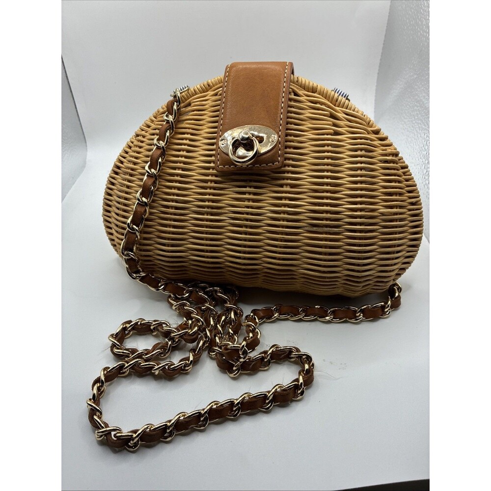 J McLaughlin Wicker Straw Crossbody Bag Natural Brown Leather